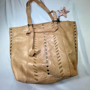 Lucky Brand Leather Tote Bag Tan Studded Shoulder Bag Large Boho Shopper